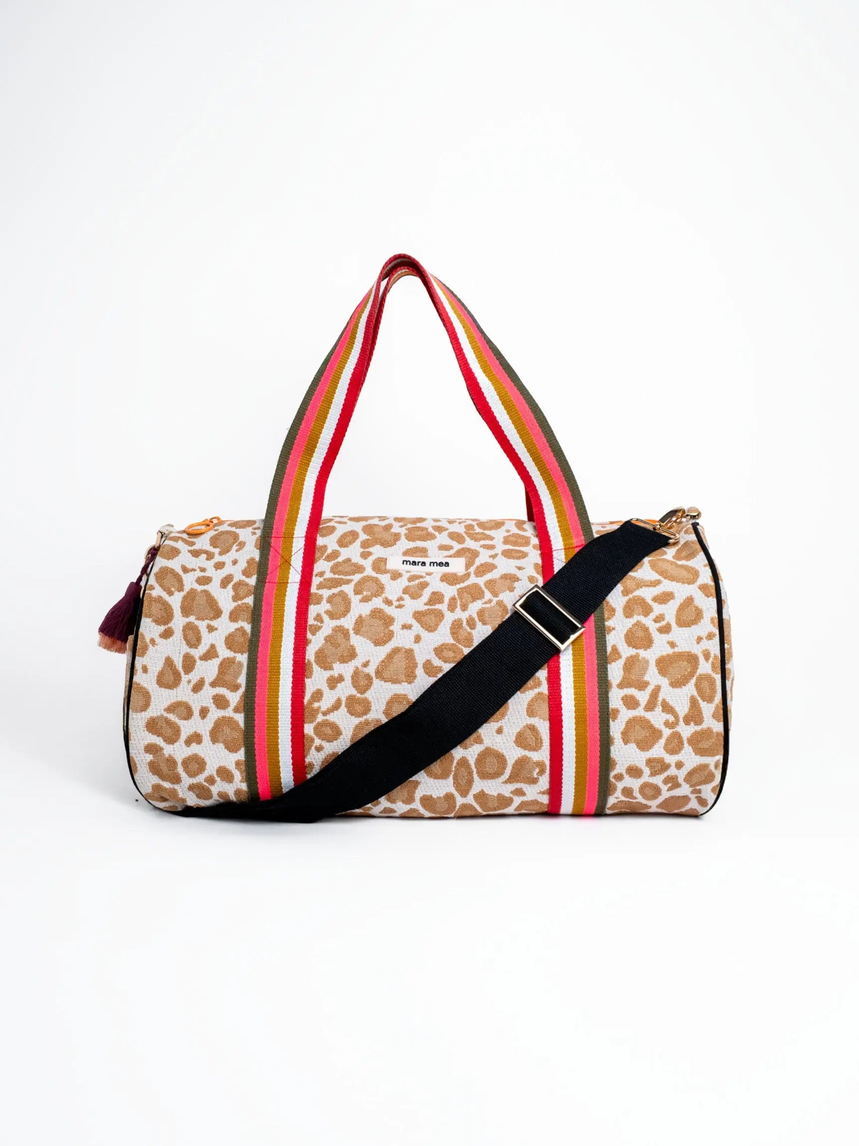 Leo Weekender Bag in beuge weiß braun mit schwarzen Details und bunt gestreiften Henkeln