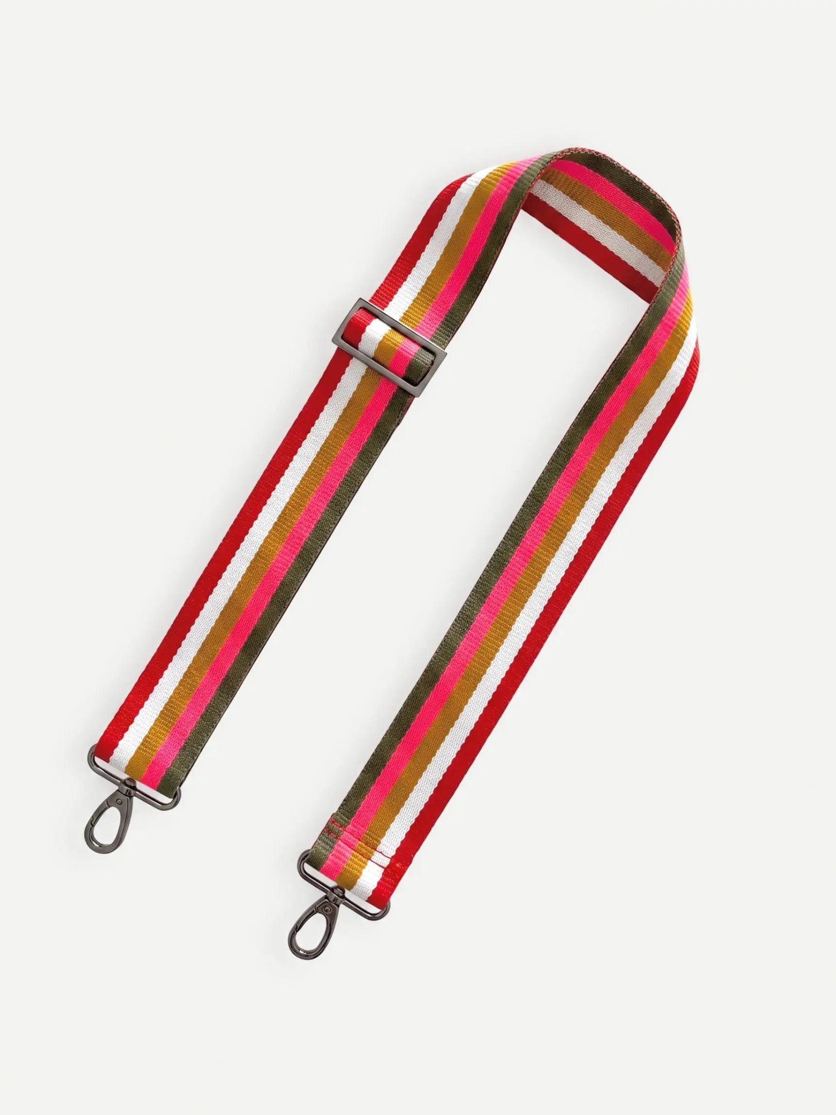 Gestreifter Extra Tragegurt für Taschen in Neon und Erdtönen mit schwarz-grauen Gun Metal Karabinern