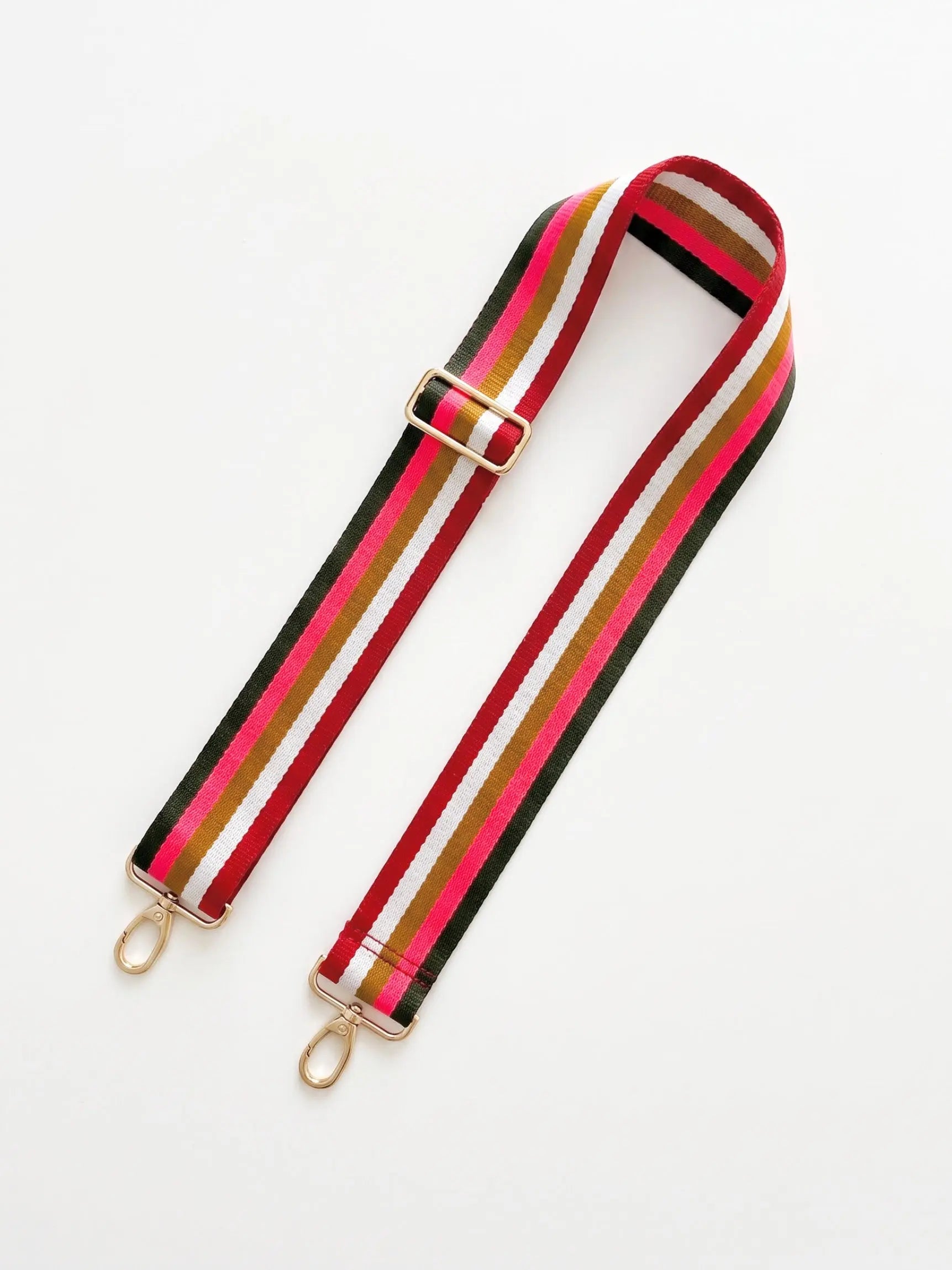 Gestreifter Extra Taschentragegurt in Neon Pink und Erdtönen mit goldenen Karabiner Details
