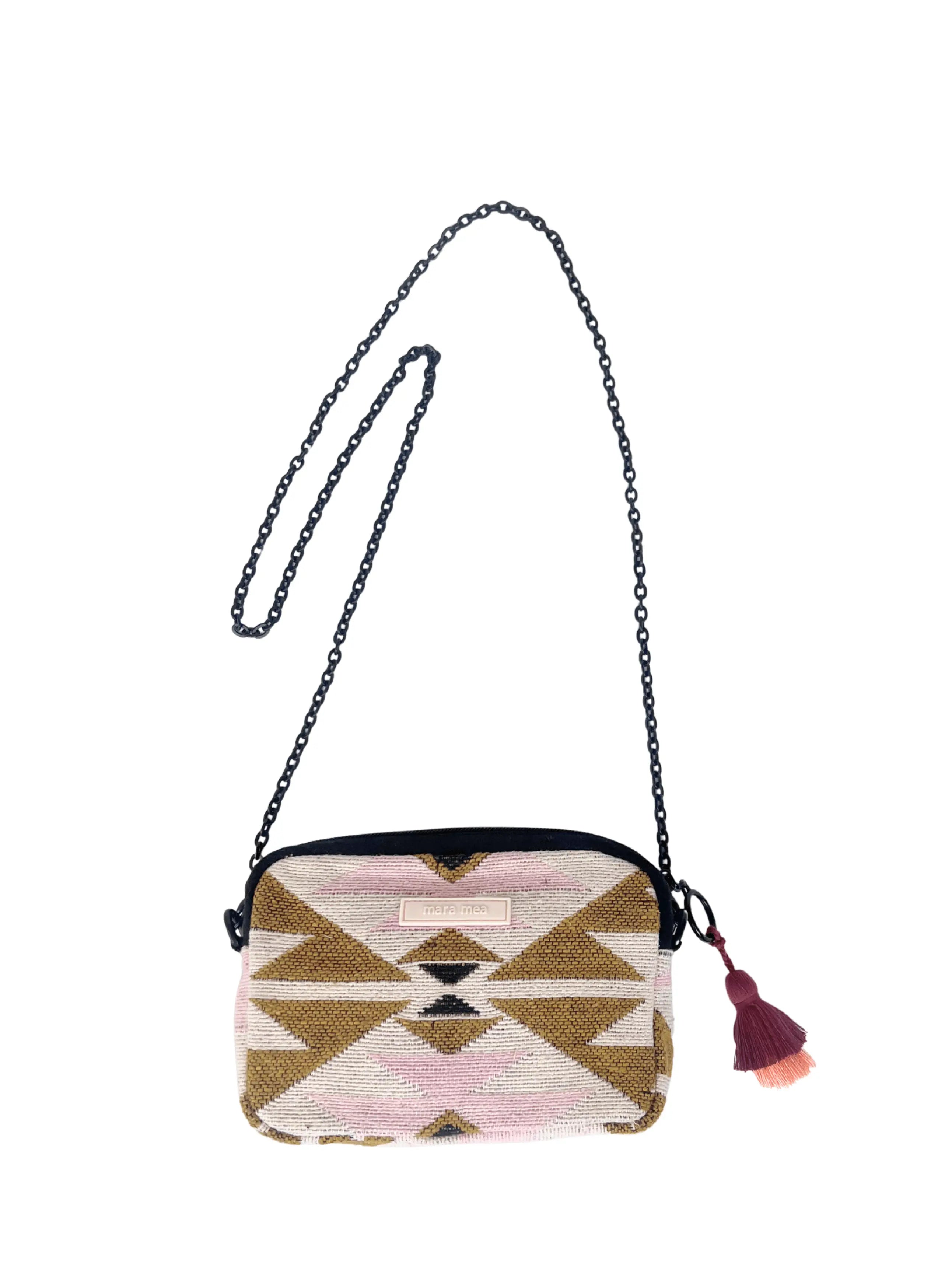 Umhängetasche press pause aus gewebtem Stoff in Graphical Muster, bestehend aus beige, rosa, ocker.