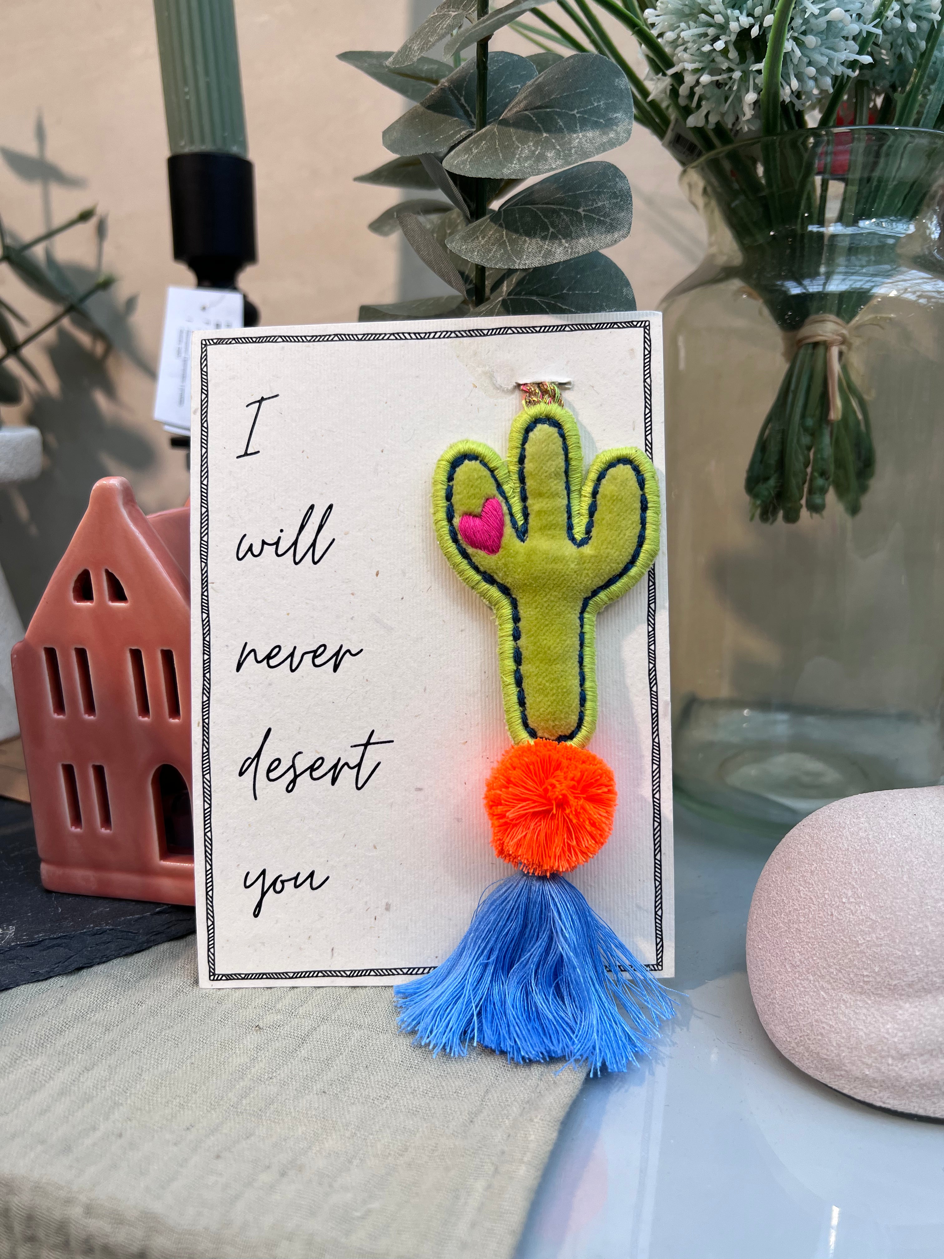 Clumsy cactus pendant in lime green + greeting card