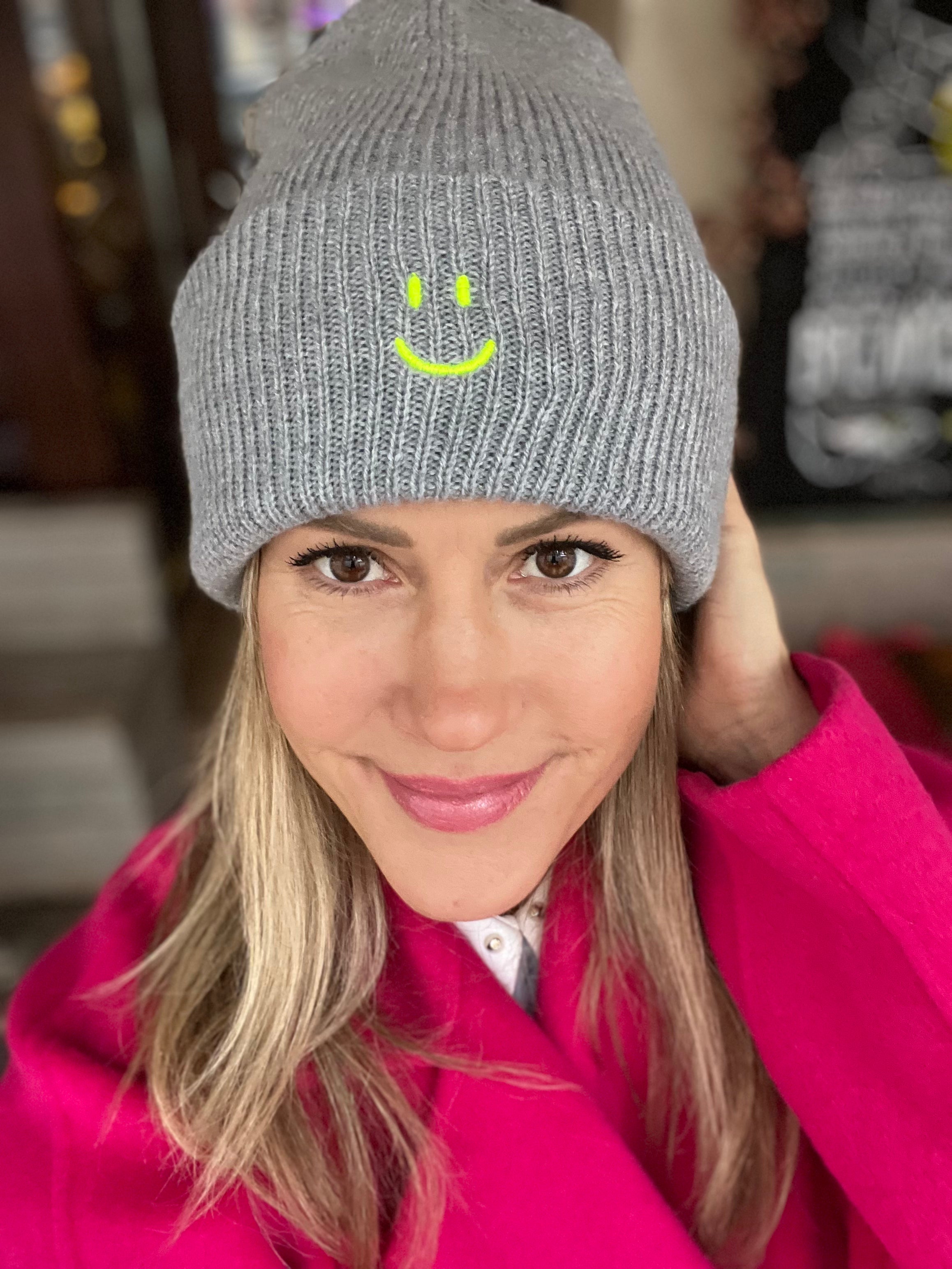 Unisex beanie in grey with lime smiley embroidery