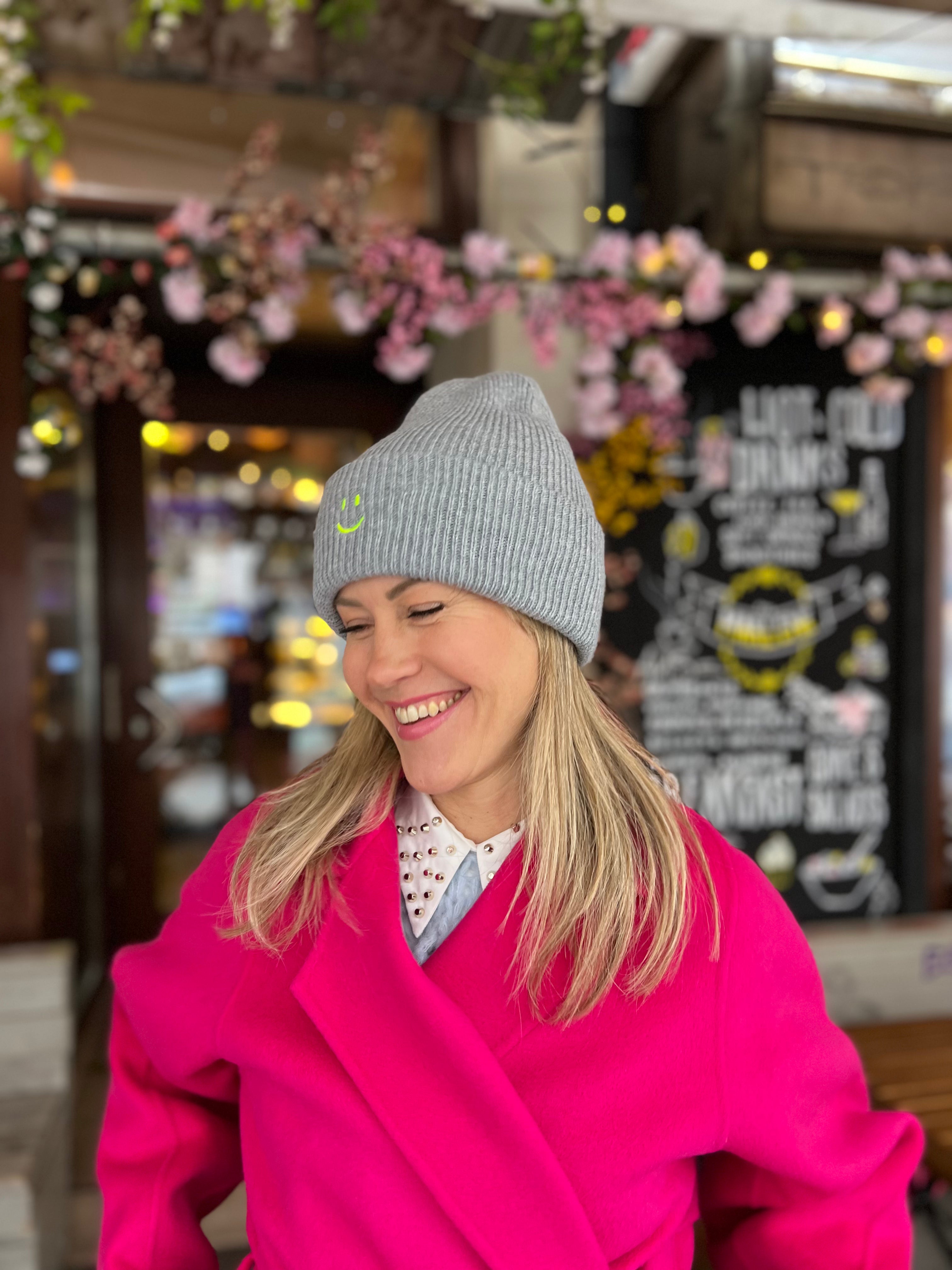 Unisex beanie in grey with lime smiley embroidery