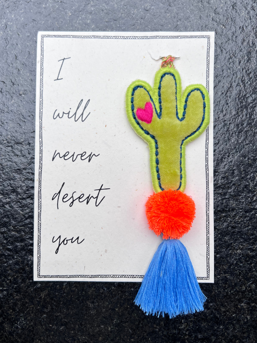 Clumsy cactus pendant in lime green + greeting card