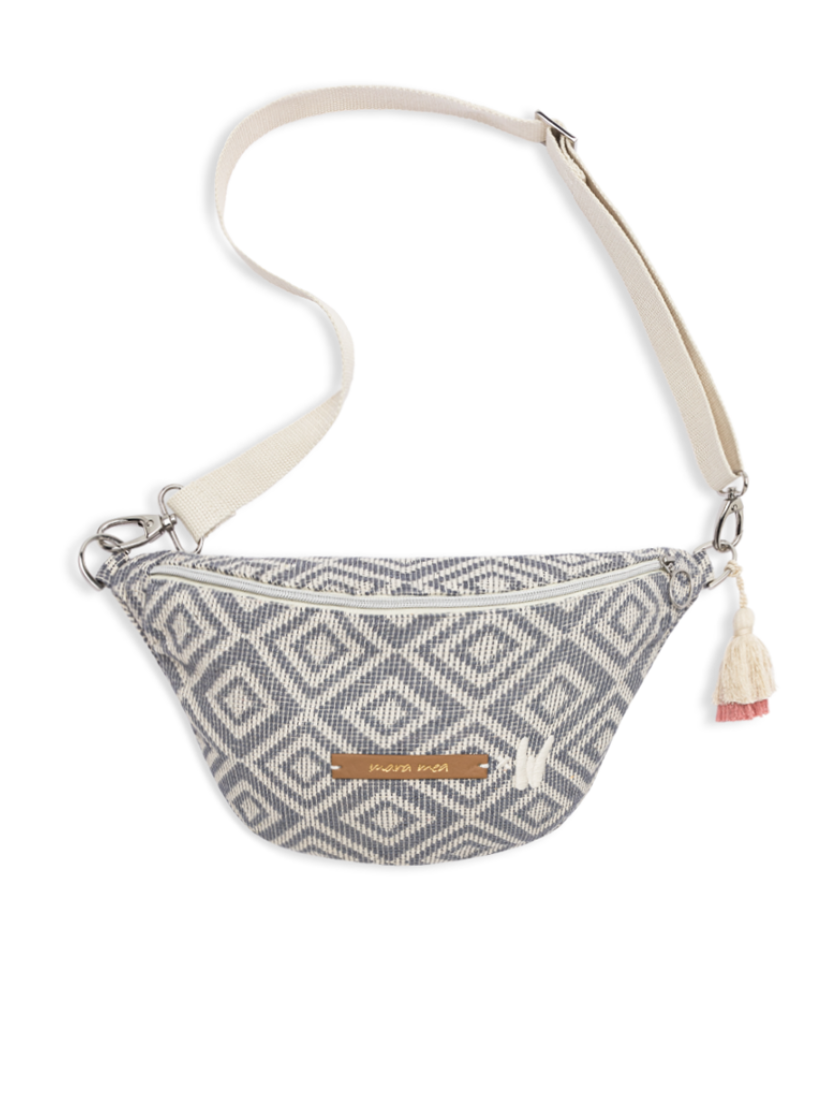 Midi bum bag vacation ready in blue-grey/white patterned