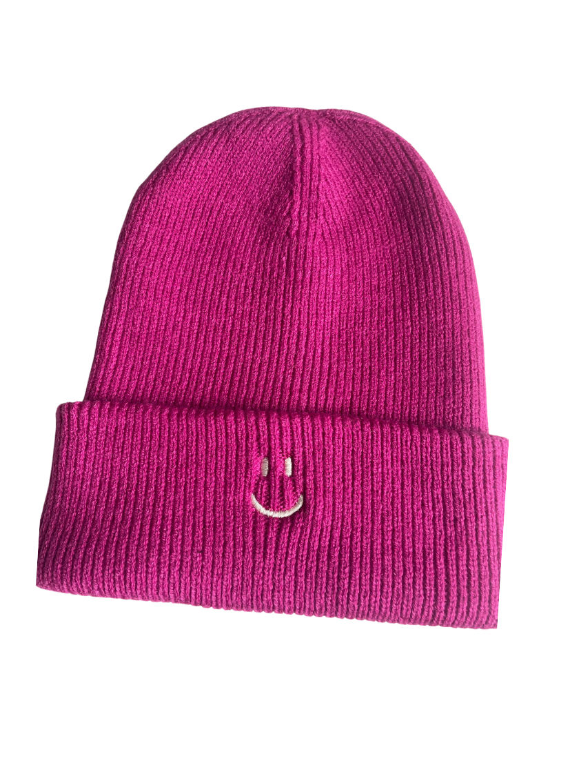 Unisex beanie in fuchsia with white smiley embroidery