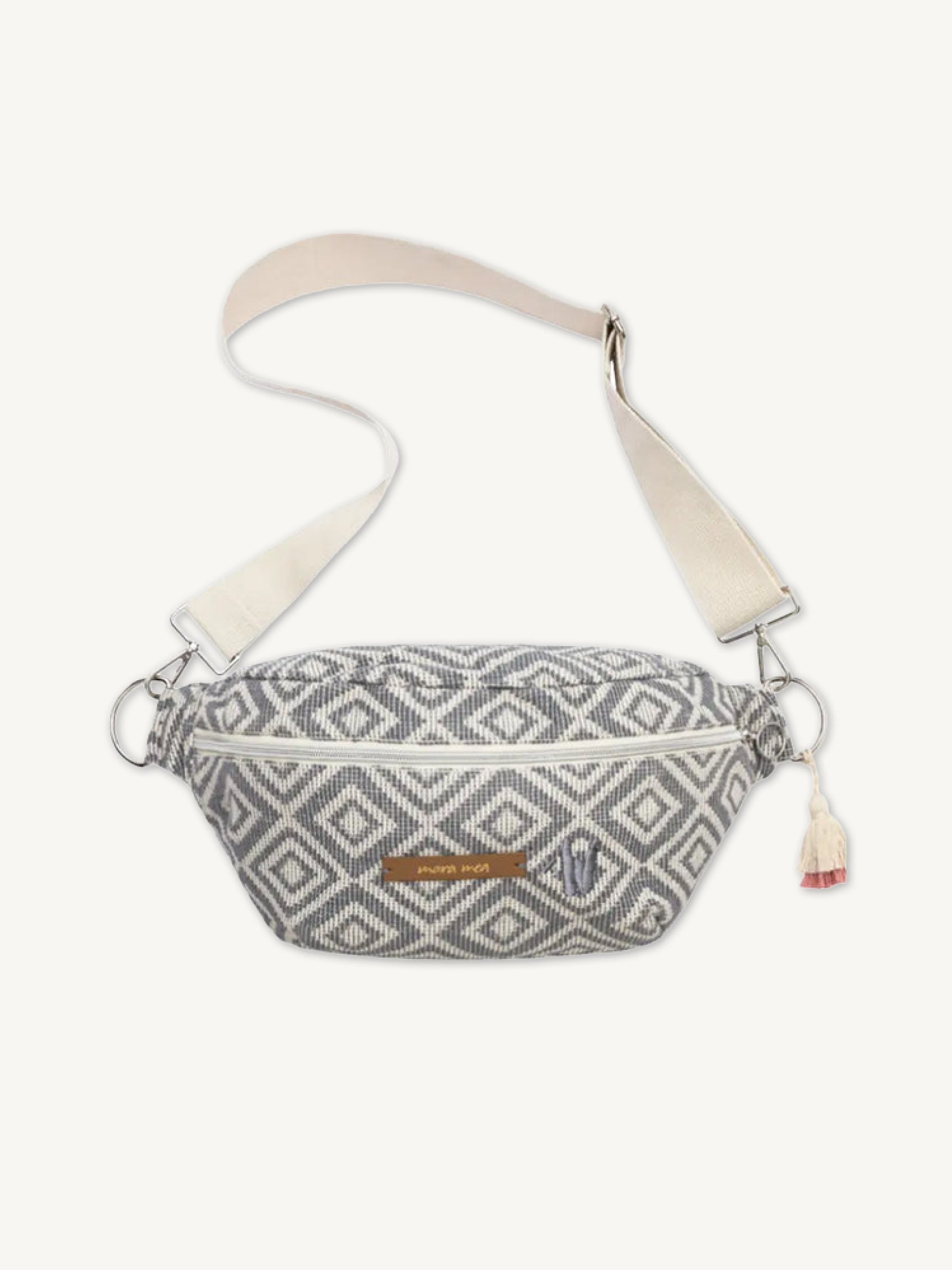mara mea Bauchtaschen Freisteller Bild vom Produkt in blaugrau und offwhite mit rosa Tassel