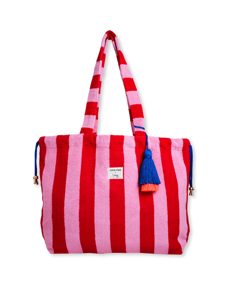 Große gestreifte Strandtasche aus Frottee in Rot und Rosa mit blauer Quaste