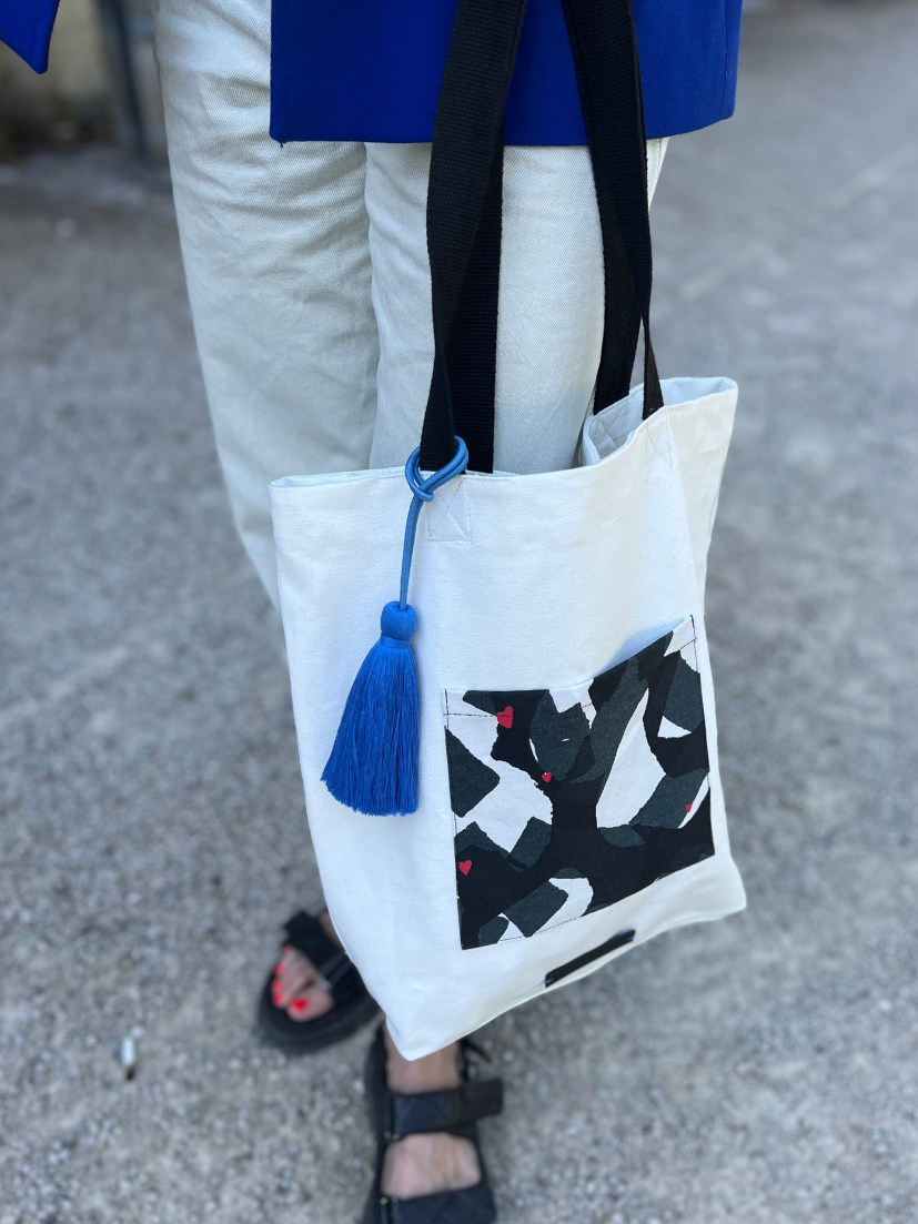 Shopping Bag heartbeat Musterprint Schwarz/Weiß