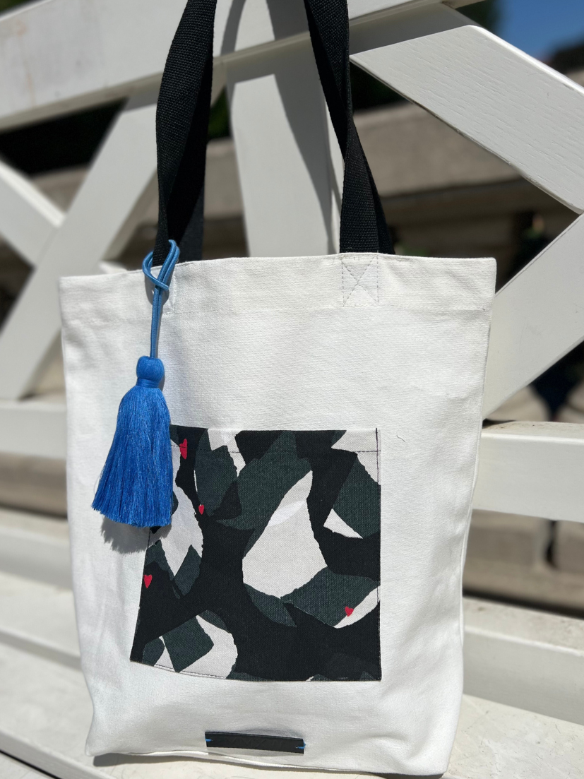 Shopping Bag heartbeat Musterprint Schwarz/Weiß