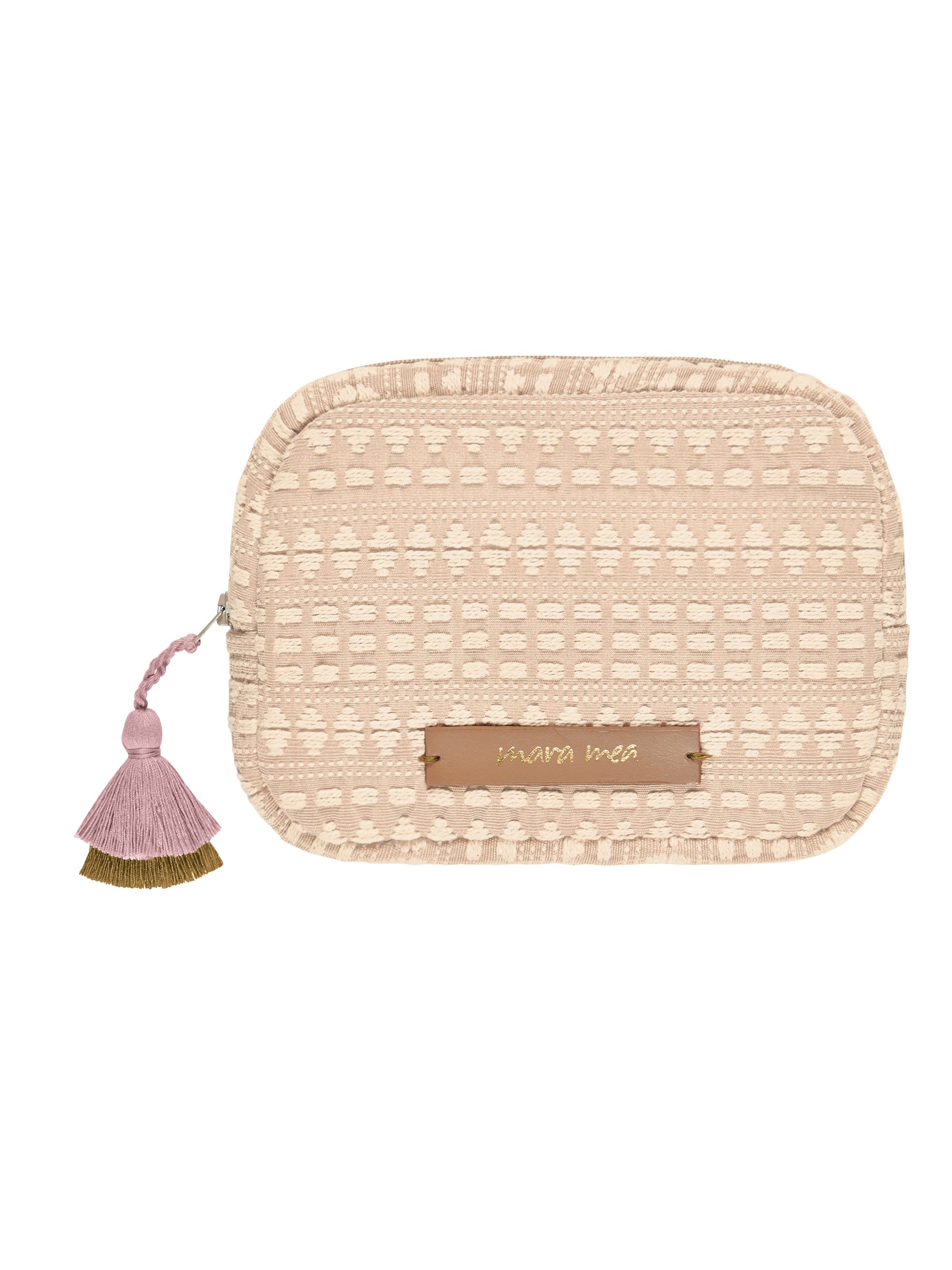 die Kosmetiktasche in beige sand and stone auf gewebtem Stoff ist ein Lieblingsteil
