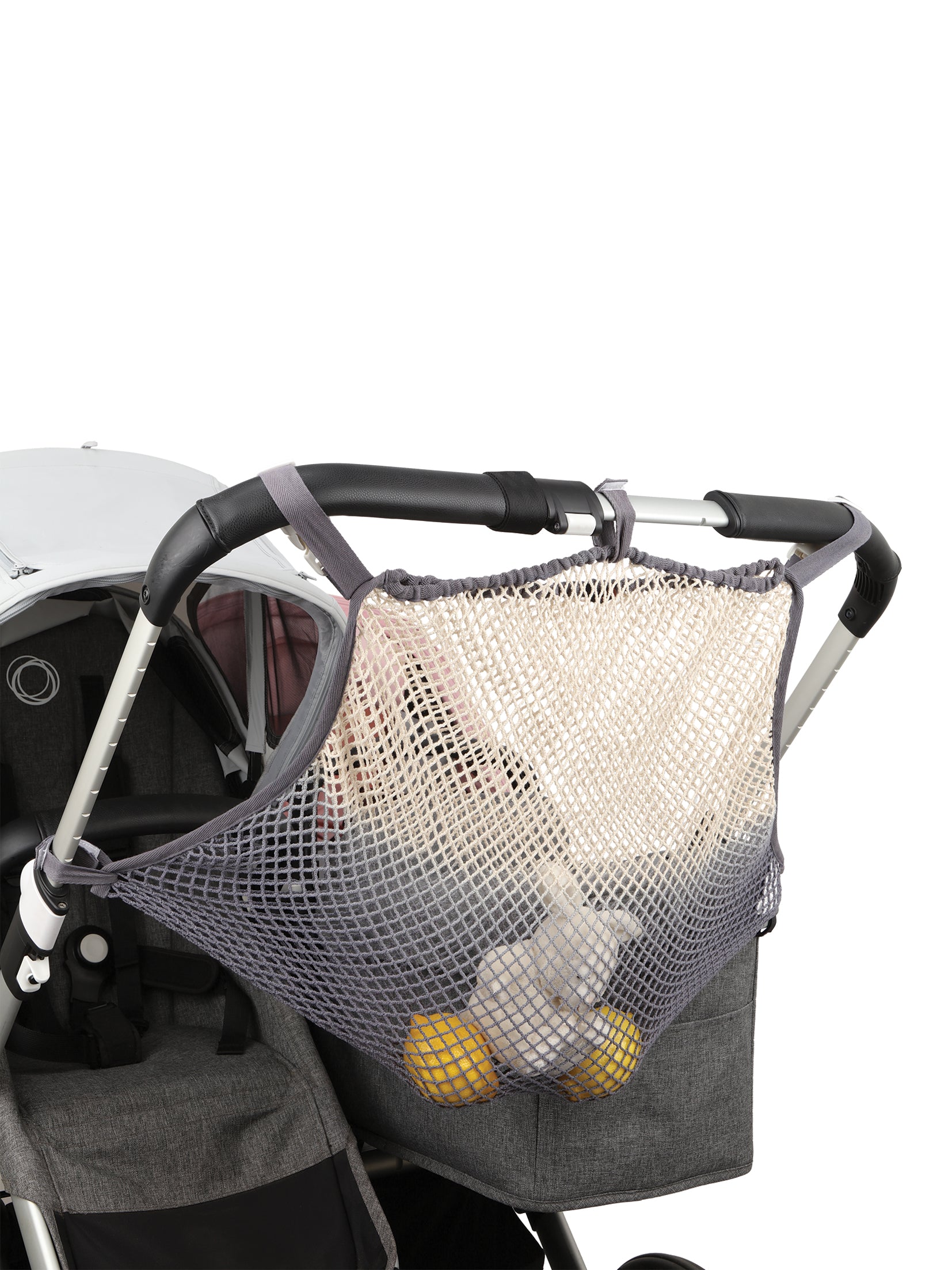 Das Zwillings-Kinderwagen-Netz vitamin sea mit Farbverlauf in Grau überzeiugt duch seinen klasisischen dip dye Look.