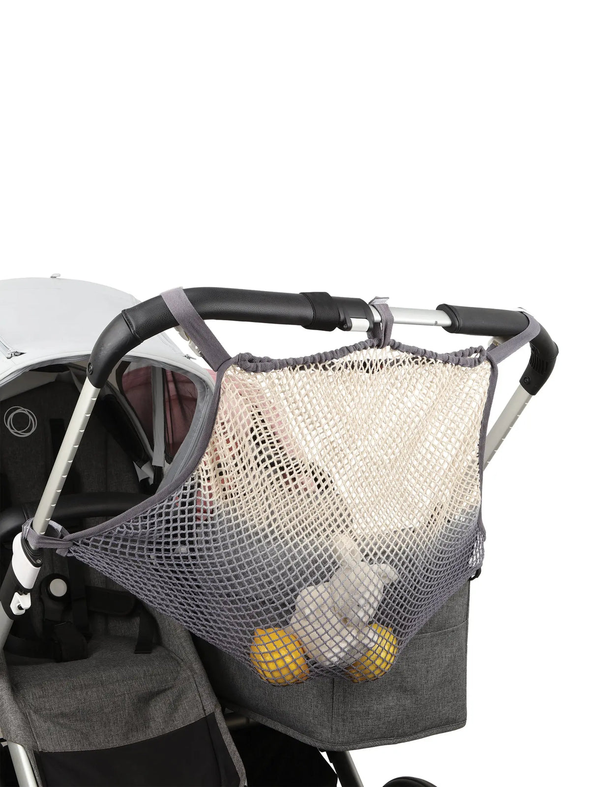 Das Zwillings-Kinderwagen-Netz vitamin sea mit Farbverlauf in Grau überzeiugt duch seinen klasisischen dip dye Look.