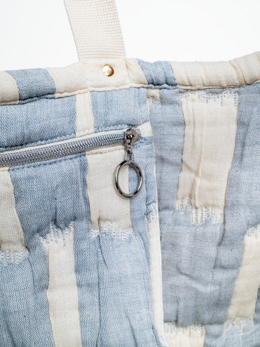 Detailansicht der mara mea Schultertasche in Hellblau-Offwhite mit innenliegendem Reißverschlussfach, silbernem Ring-Zipper und Baumwollgriff