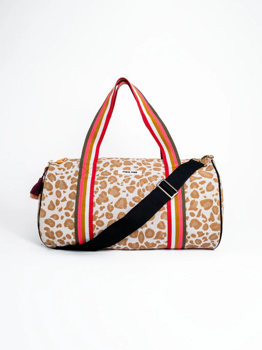 Leo Weekender Bag in beuge weiß braun mit schwarzen Details und bunt gestreiften Henkeln