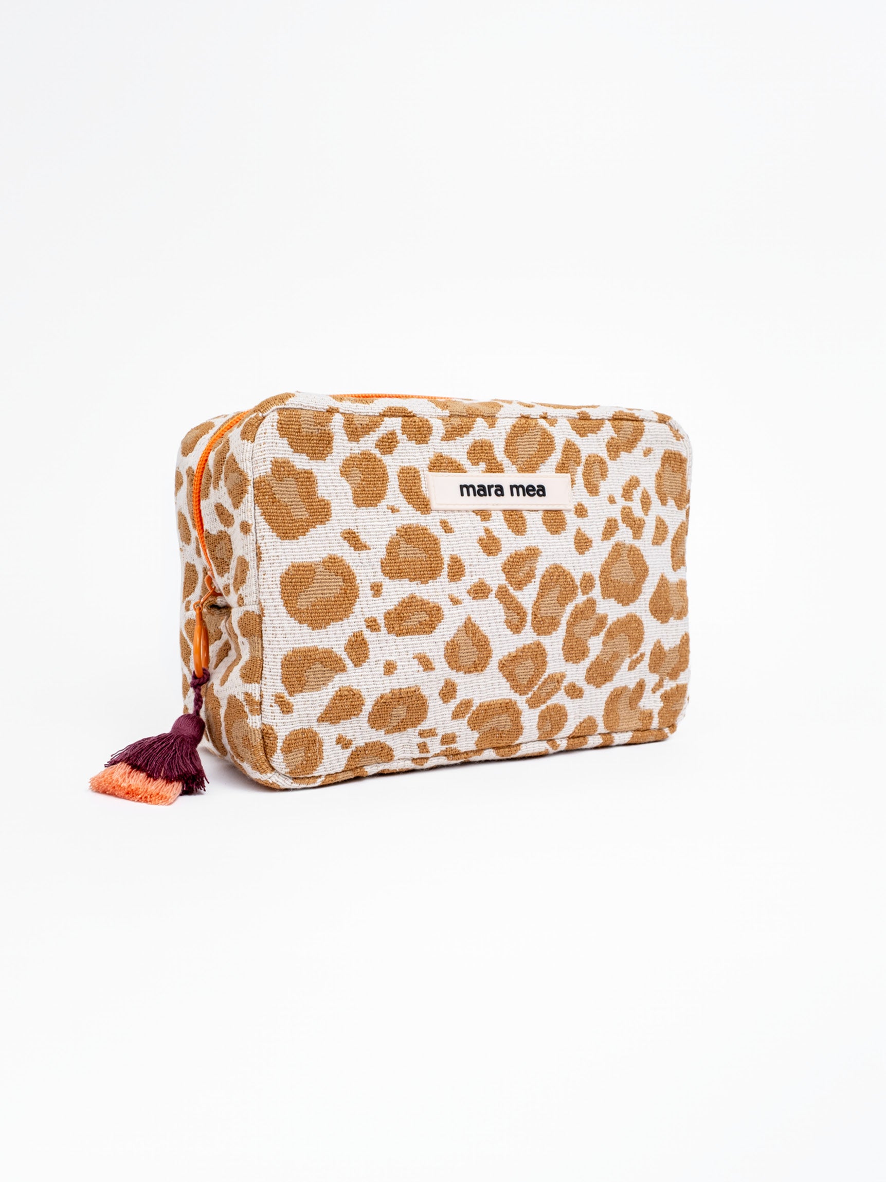 Großer Leo Kulturbeutel in Beige und Braun mit Doppelquaste in Bordeaux und Peach