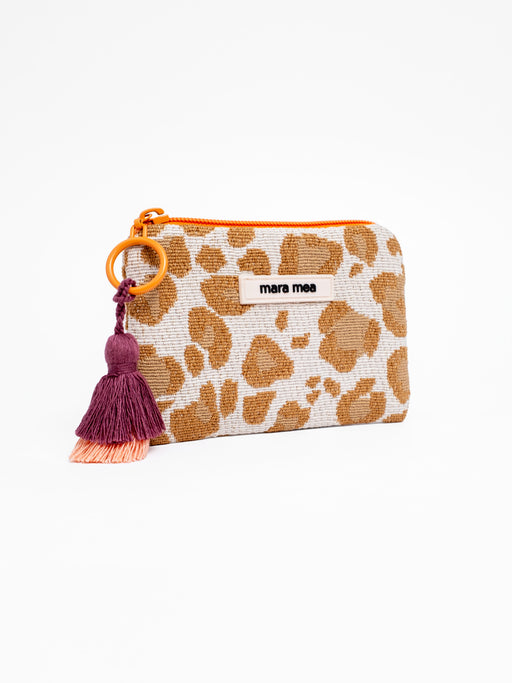 Leo Print Minigeldbeutel in Beige Braun mit orangenem Reißverschlussdetail und zweifarbiger Doppelquaste