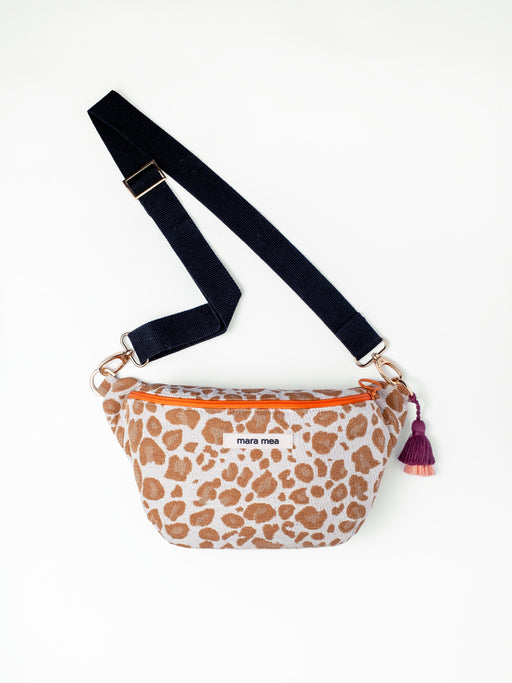 Vegane Midi Leo Bauchtasche in Beige-Brauntönen mit Orangenen Details und schwarzem Tragegurt