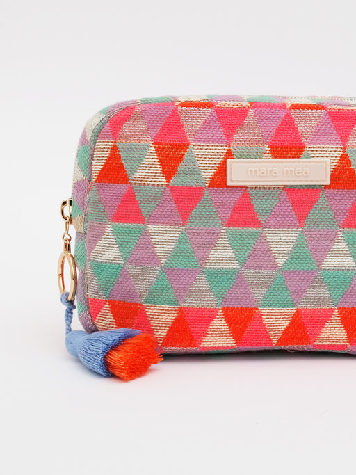 Make-Up Tasche von mara mea im bunten Ibiza Stoff mit handgemachter Doppelquaste und goldenem Reißverschluss