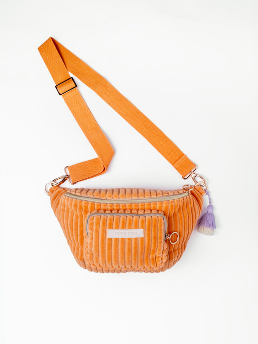 Orangefarbene mara mea Midi Bauchtasche Sunset Date Peach aus Cord mit Fronttasche, verstellbarem Gurt und Quastenanhänger