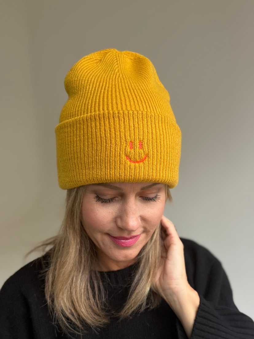 Unisex Beanie Smiley Senfgelb/Orange