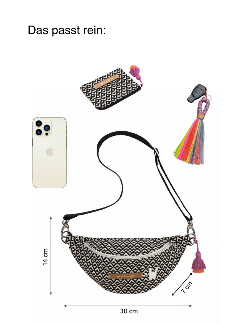 Bild mit Größenreferenz der Mini Bum Bag weekend trip.