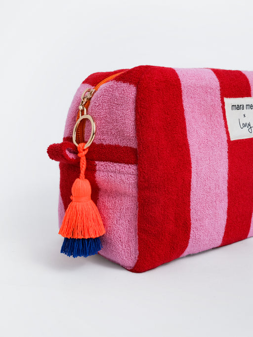 Kosmetiktasche aus Frottee in Rot und Rosa mit orange-blauer Quaste und goldenem Reißverschlussring