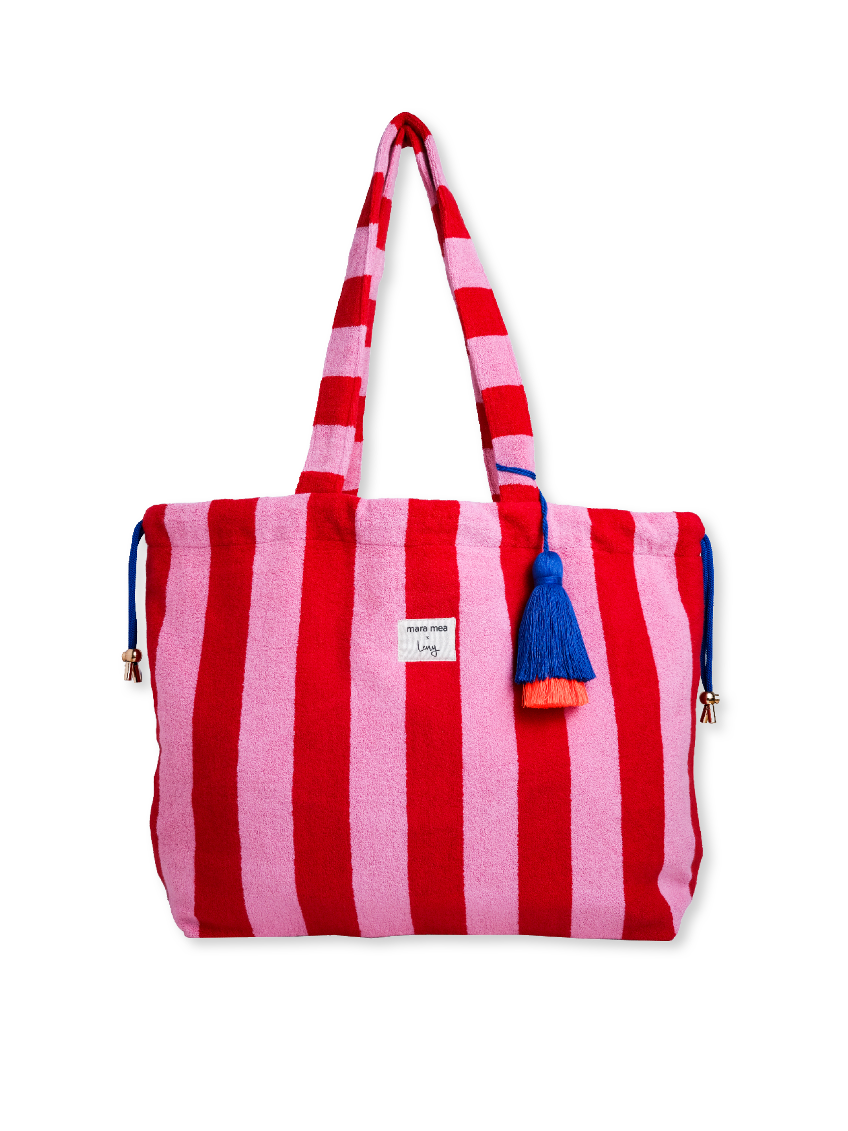 Große gestreifte Strandtasche aus Frottee in Rot und Rosa mit blauer Quaste