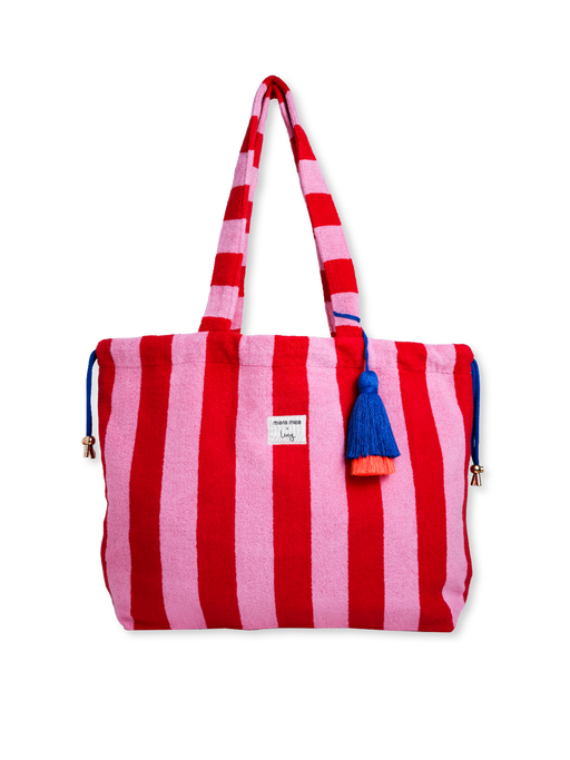 Große gestreifte Strandtasche aus Frottee in Rot und Rosa mit blauer Quaste
