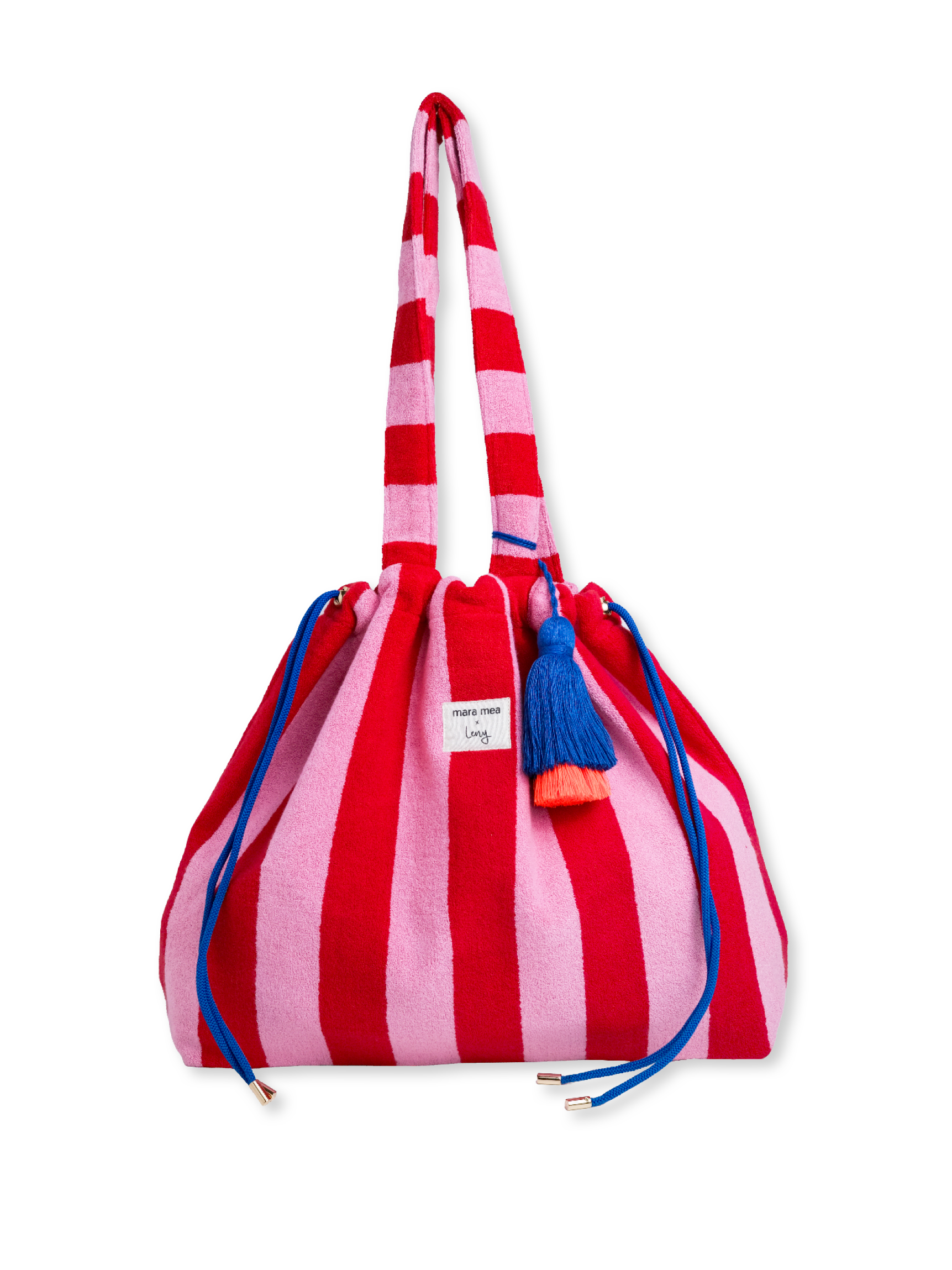 Rot-rosa gestreifte Frottee-Strandtasche mit langen Henkeln und blauem Kordelzug