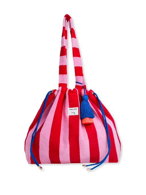 Rot-rosa gestreifte Frottee-Strandtasche mit langen Henkeln und blauem Kordelzug
