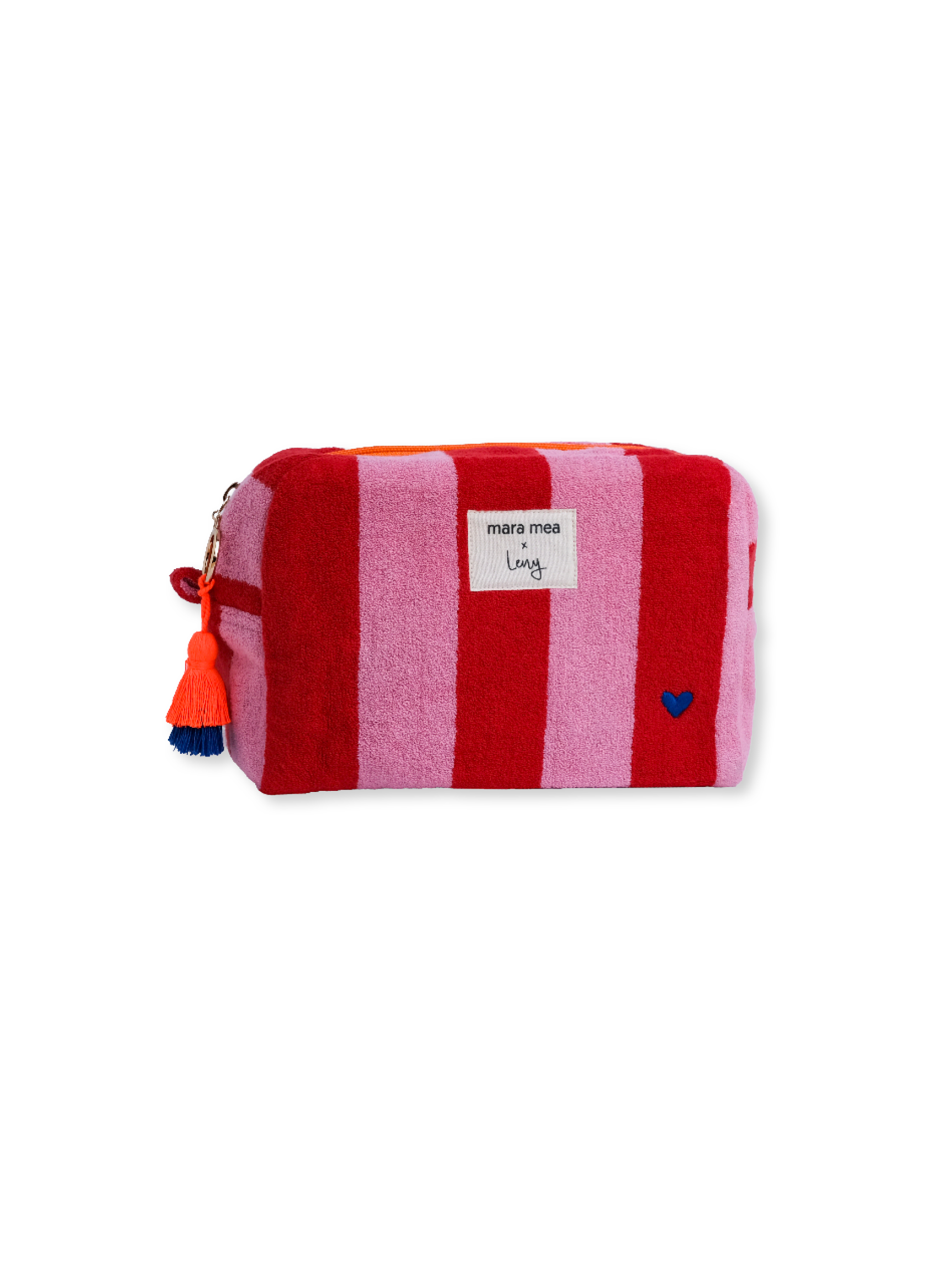 Gestreifte Kosmetiktasche aus Frottee in Rot und Rosa mit orangefarbenem Reißverschluss und Quastenanhänger