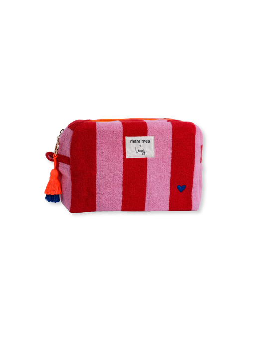 Gestreifte Kosmetiktasche aus Frottee in Rot und Rosa mit orangefarbenem Reißverschluss und Quastenanhänger