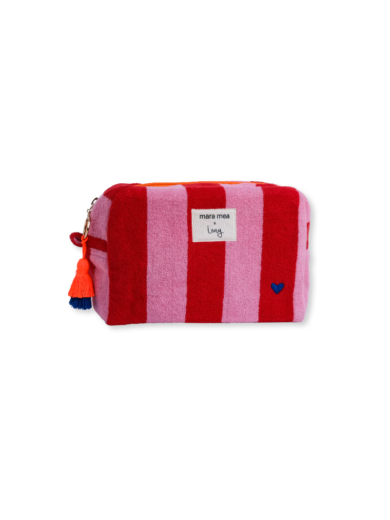 Gestreifte Kosmetiktasche aus Frottee in Rot und Rosa mit orangefarbenem Reißverschluss und Quastenanhänger