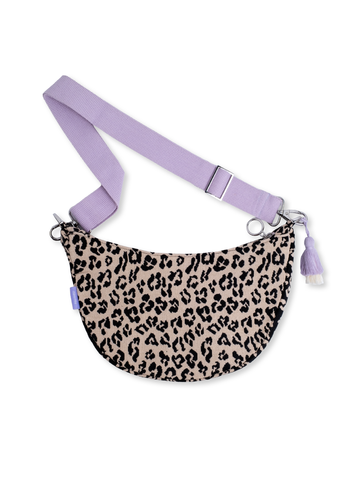 Moon Bag bloom wild von mara mea, Crossbody Tasche mit schwarzem Leo auf Creme und fliederfarbenem Gurt