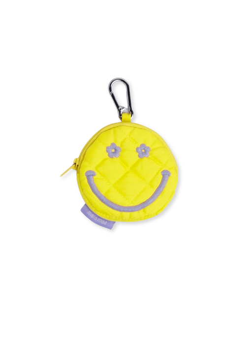 Charm Bag smile & bloom von mara mea, gelber Taschenanhänger mit Tessas aufgesticktem Smiley