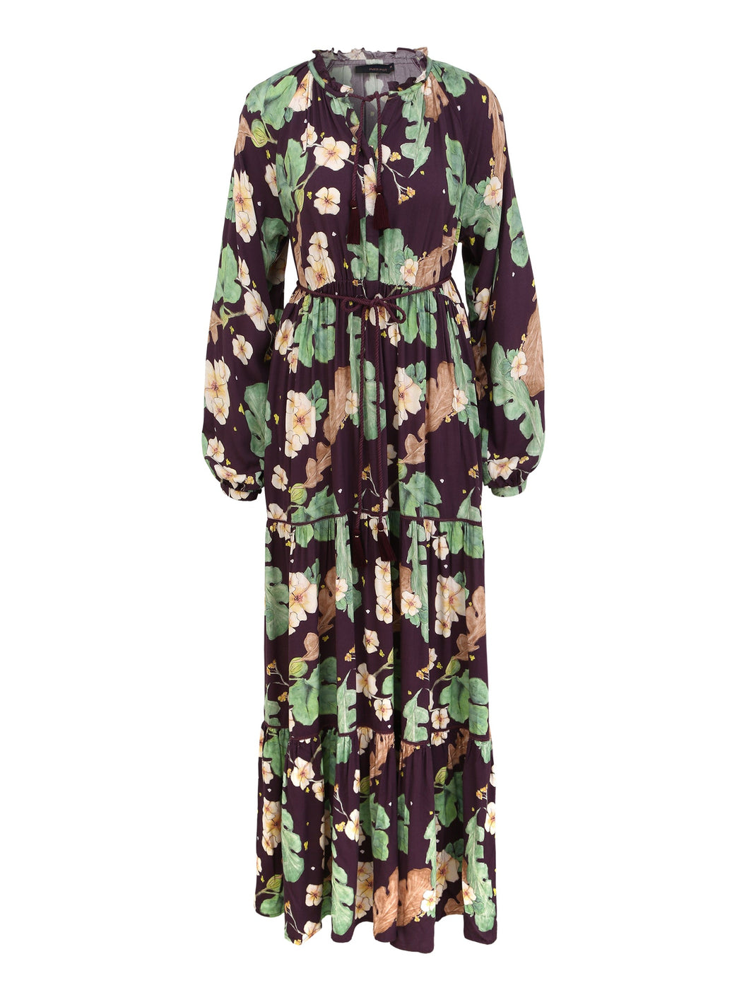 Ein lockeres bodenlanges Maxikleid in dukellila mit Blümchenprint, langen Ärmeln und einem dünnen Gürtel um das Kleid je nach Figur in der Weite regulieren zu können.