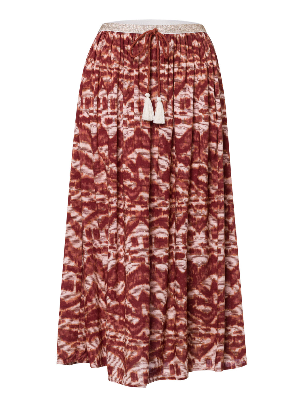 Der Fashion- oder Umstandsrock autumnal air in rostbraunem Print von mara mea kommt mit cremeweißen Quasten an den Kordelbändern.