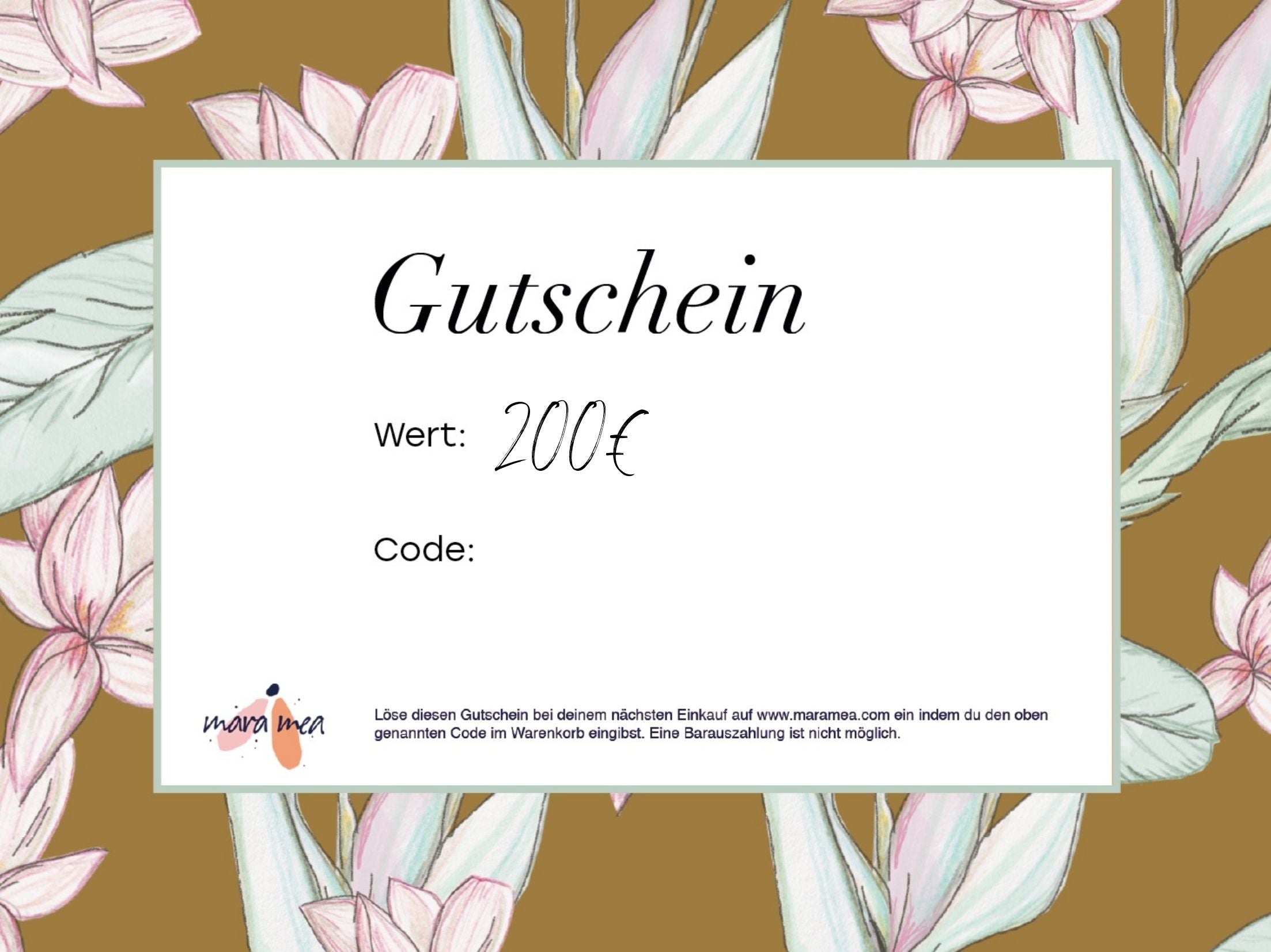 Unser Geschenkgutschein von mara mea im Wert von 200 Euro.