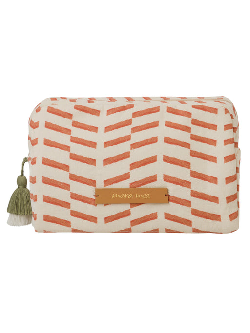 Der Kulturbeutel papaya sorbet in orange/weiß ist geräumig und bietet Platz für Windelutensilien